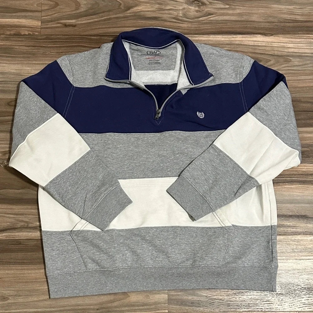 Chaps Everyday Fleece 1/4 Zip Pullover Sweatshirt Mens XXL Grey Blue White Soft